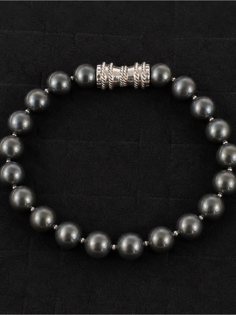 Vintage Black Faux Pearl Beaded Twist-Off Cuff Bracelet Silver Tone